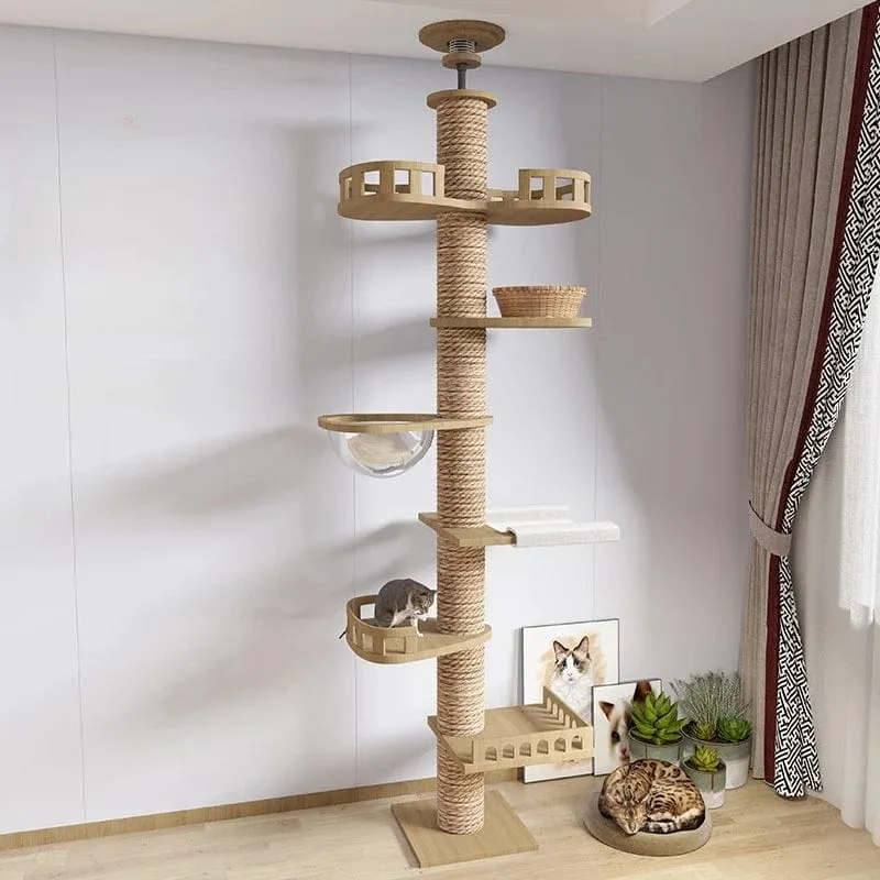 Hölzernes Katzenbaumhaus, multifunktionales Haustiermöbel, Kätzchen-Kletterspielzeug, Katzenkratzbäume, Katzenturm, weiches Flanell-Hängemattenbett