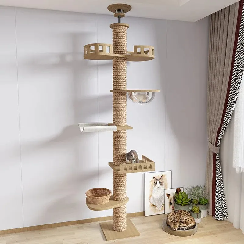 Hölzernes Katzenbaumhaus, multifunktionales Haustiermöbel, Kätzchen-Kletterspielzeug, Katzenkratzbäume, Katzenturm, weiches Flanell-Hängemattenbett
