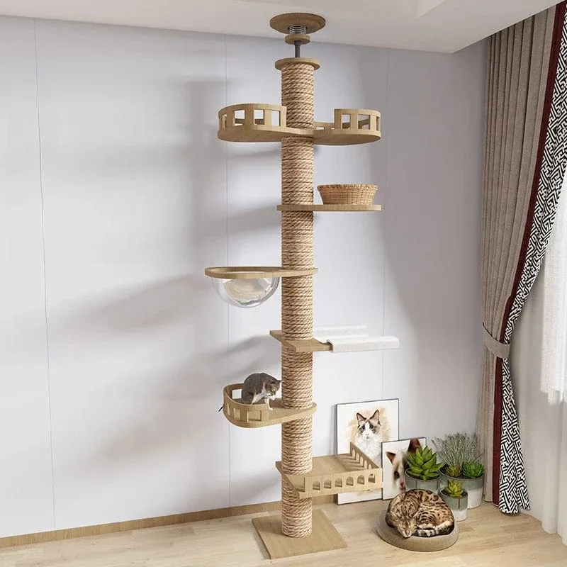 Hölzernes Katzenbaumhaus, multifunktionales Haustiermöbel, Kätzchen-Kletterspielzeug, Katzenkratzbäume, Katzenturm, weiches Flanell-Hängemattenbett