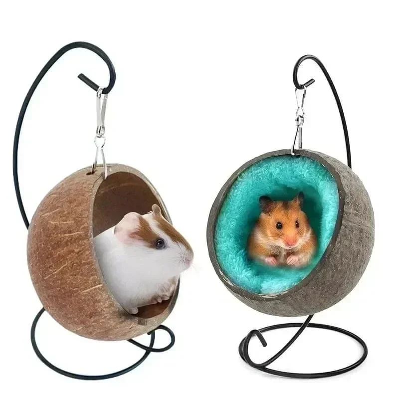 Hamster-Hängematte aus Kokosnussschale, Nestbett, Versteck mit Ständer, Käfigzubehör für Kleintiere, goldener Bär, Zuckergleiter