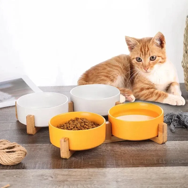 Keramik-Haustiernapf mit Holzständer, kein Verschütten, Haustier-Keramik-Doppelnapf für Hunde, Katzen, Futter, Wasser, Futterspender, Katzen, kleine Hunde, Haustiernapf