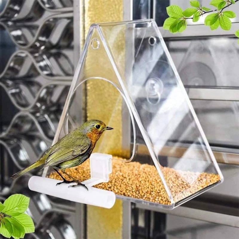 Dreieckiger transparenter Vogelfutterspender aus Acryl und Metall, wasserdichter hängender Vogelfutterbehälter für die Innen- und Außendekoration