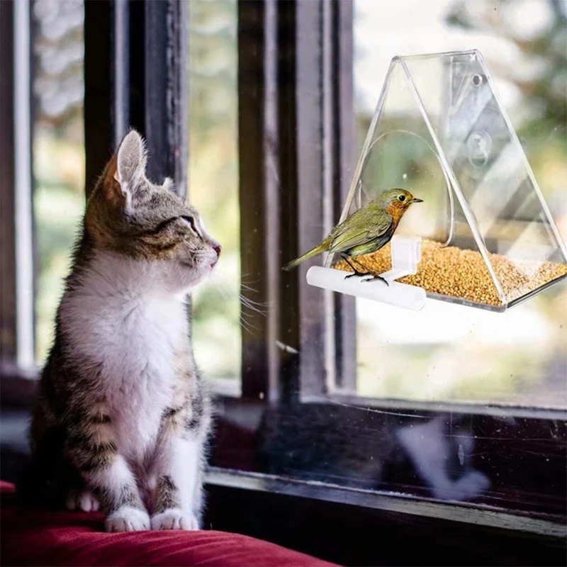 Dreieckiger transparenter Vogelfutterspender aus Acryl und Metall, wasserdichter hängender Vogelfutterbehälter für die Innen- und Außendekoration