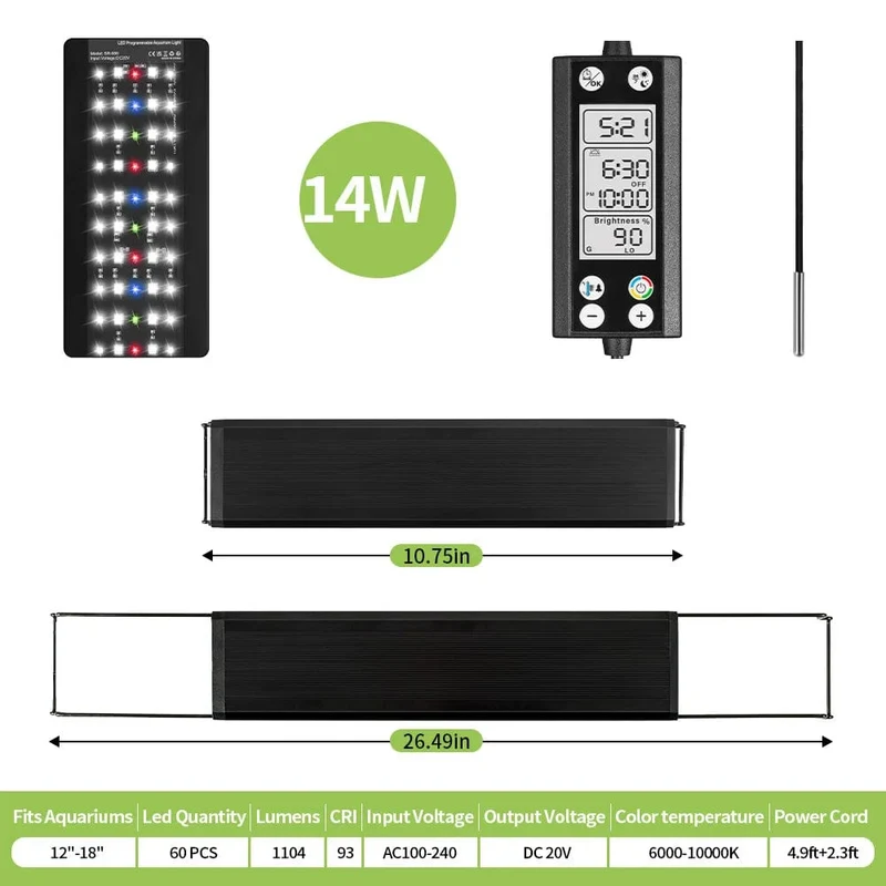 Programmierbare Aquariumbeleuchtung für Aquarien mit LCD-Monitor und Thermometer für Wasserpflanzen, Speicherfunktion, 24/7-Zyklus-LED-Lampe