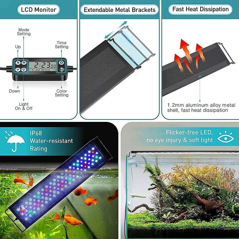 Fullgain 24/7 LCD-Aquariumlicht, volles Spektrum, wasserdicht, aus Aluminiumlegierung, ausziehbare Aqua-LED-Stabbeleuchtung für Pflanzenwachstum