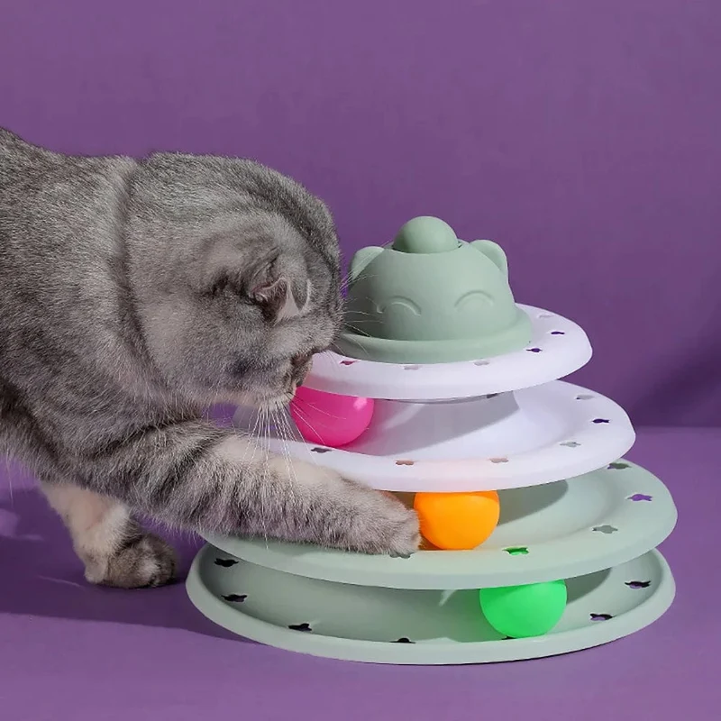 4 Ebenen Katzenspielzeug-Turm, Drehteller, Rollbälle, Spielzeug, interaktive Intelligenz, Trainingsstrecke, Puzzle, lustige Spiele, Zubehör