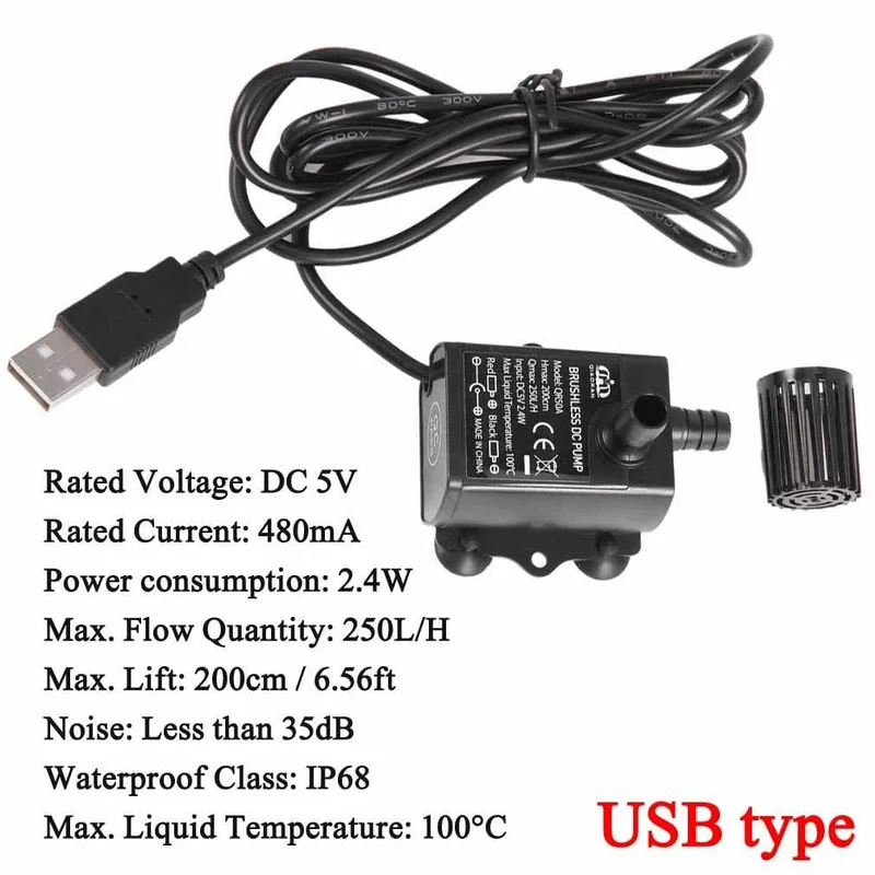 Decdeal Ultra-leise bürstenlose Mini-DC/USB-Wasserpumpe 5/12 V 5-10 W 250-400 l/h Hub 300 cm Tauchbrunnen Aquarium Umwälzpumpe