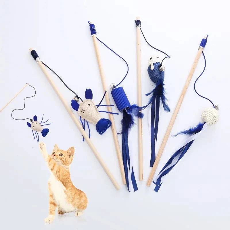 Haustier Katze Teaser Multi Farbe Vogel Feder Plüsch Katze Holz Interaktive Katze Catcher Stick Maus Fisch Katze Interaktives Spielzeug mit Glocke