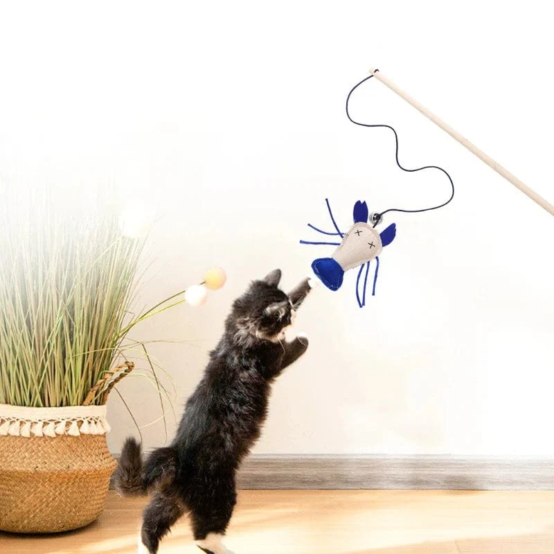 Haustier Katze Teaser Multi Farbe Vogel Feder Plüsch Katze Holz Interaktive Katze Catcher Stick Maus Fisch Katze Interaktives Spielzeug mit Glocke