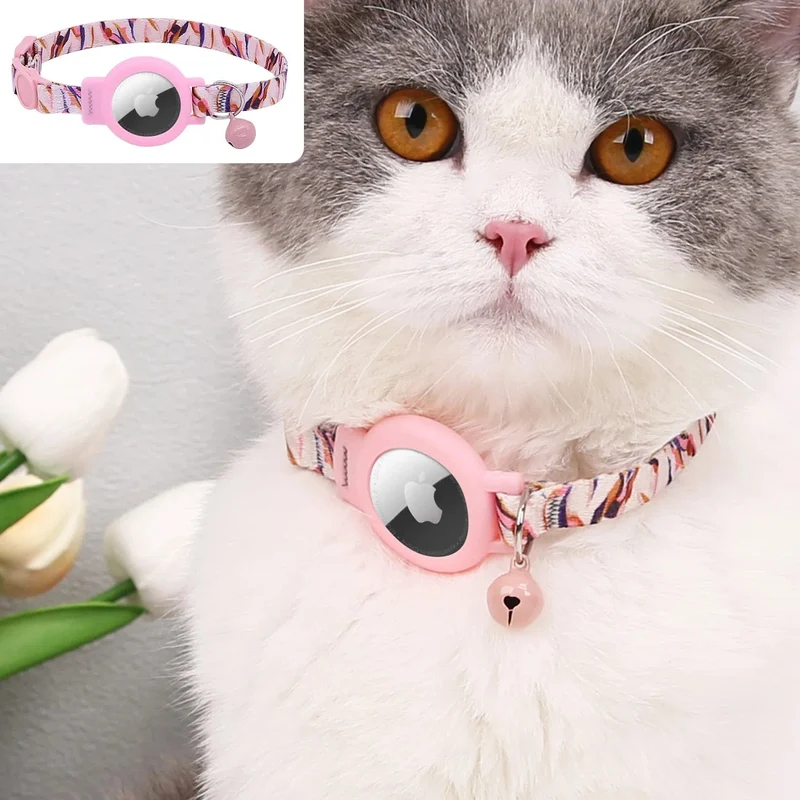 Rosa Katzenhalsband für Airtag, Silikon-Haustierhalsband, personalisierte Halskette für Kätzchen, Welpen, mit Glocke ohne Airtag-Haustierzubehör