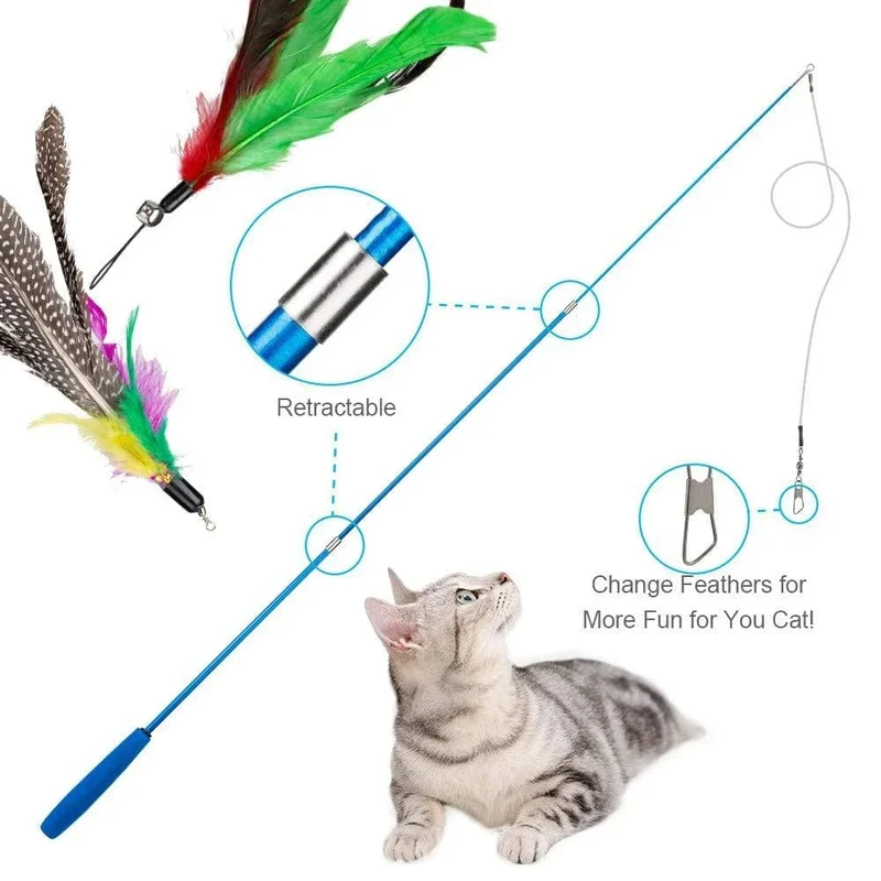 11-teiliges Ersatz-Katzenfeder-Spielzeug-Set, Feder-Ersatzkopf, einziehbarer Katzenstab, Katzenprodukte