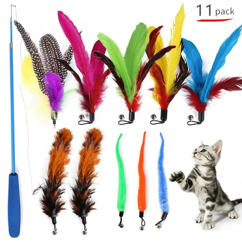 11-teiliges Ersatz-Katzenfeder-Spielzeug-Set, Feder-Ersatzkopf, einziehbarer Katzenstab, Katzenprodukte