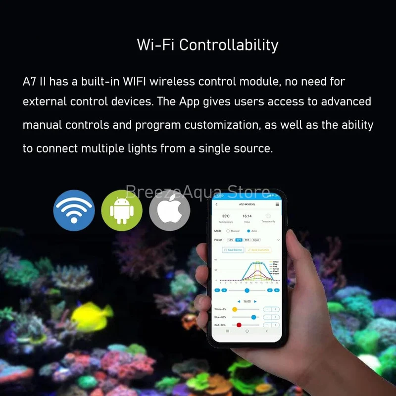 A7 II WiFi-App-Telefonsteuerung, volles Spektrum, 100 W, Salzwasser-Marine-LED-Aquariumlicht für Korallenriff-Aquarien