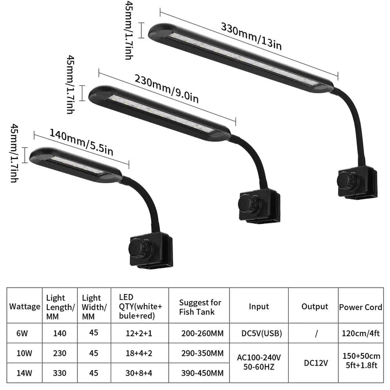 LED-Aquarienlicht für Wasserpflanzen, flexibler Kopf, Aluminiumlegierung, 6 W, 10 W, 14 W, ultradünne Aquariumlampe, 100–240 V