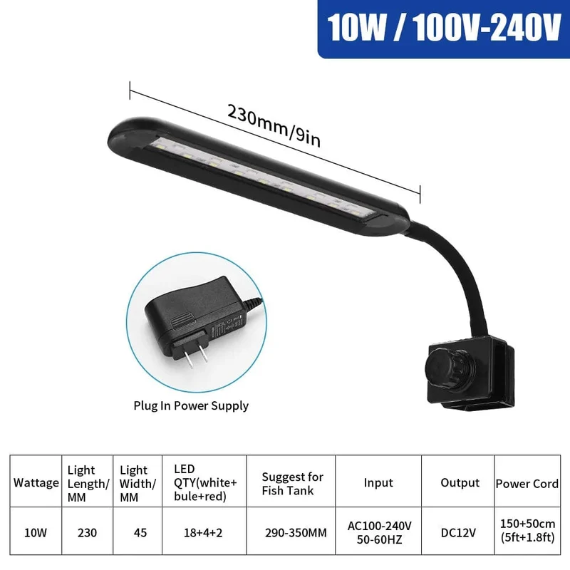 LED-Aquarienlicht für Wasserpflanzen, flexibler Kopf, Aluminiumlegierung, 6 W, 10 W, 14 W, ultradünne Aquariumlampe, 100–240 V