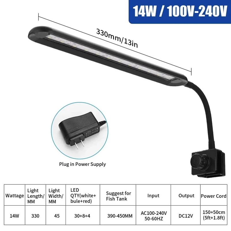 LED-Aquarienlicht für Wasserpflanzen, flexibler Kopf, Aluminiumlegierung, 6 W, 10 W, 14 W, ultradünne Aquariumlampe, 100–240 V