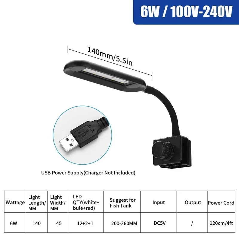 LED-Aquarienlicht für Wasserpflanzen, flexibler Kopf, Aluminiumlegierung, 6 W, 10 W, 14 W, ultradünne Aquariumlampe, 100–240 V