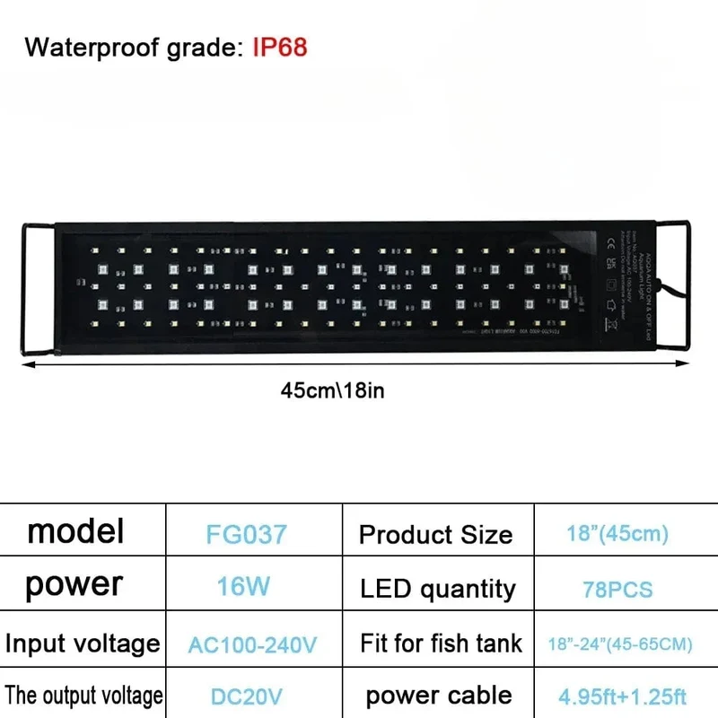 IP68 wasserdichtes LED-Aquariumlicht, Vollspektrum-Aquarienbeleuchtung mit Wachstumslampe für Wasserpflanzen, 24/7 und 100 V-240 V, 30-60 cm