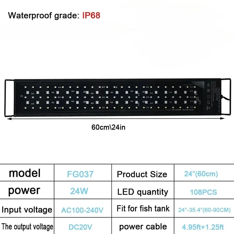 IP68 wasserdichtes LED-Aquariumlicht, Vollspektrum-Aquarienbeleuchtung mit Wachstumslampe für Wasserpflanzen, 24/7 und 100 V-240 V, 30-60 cm