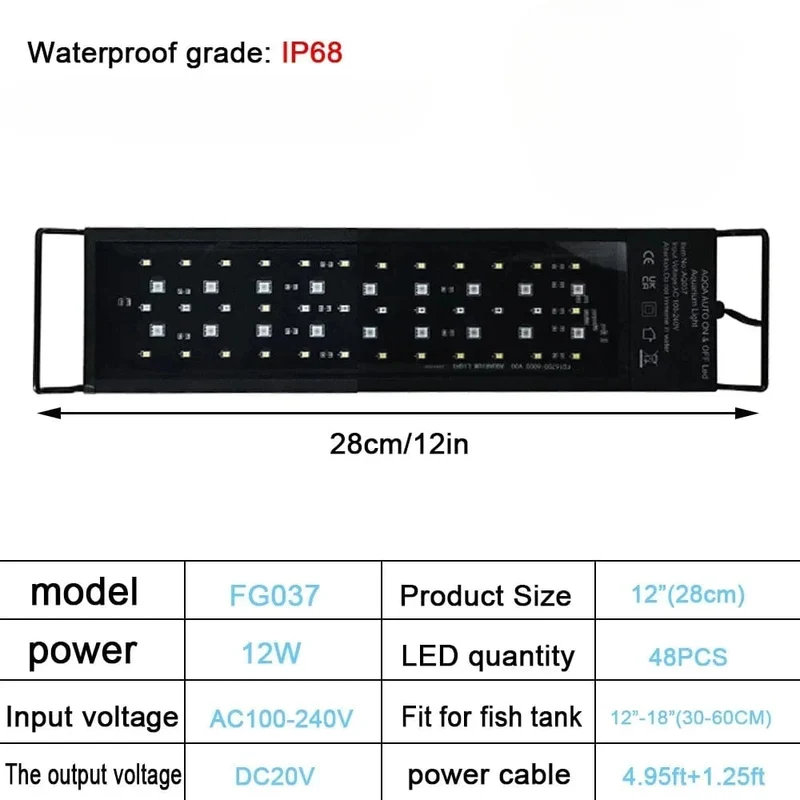 IP68 wasserdichtes LED-Aquariumlicht, Vollspektrum-Aquarienbeleuchtung mit Wachstumslampe für Wasserpflanzen, 24/7 und 100 V-240 V, 30-60 cm