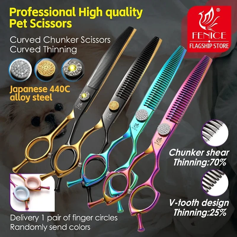 Fenice High-End 7.25 Zoll professionelle Hundepflegeschere, gebogene Effilierschere für Hunde und Katzen, Tierhaare, Tijeras Tesoura