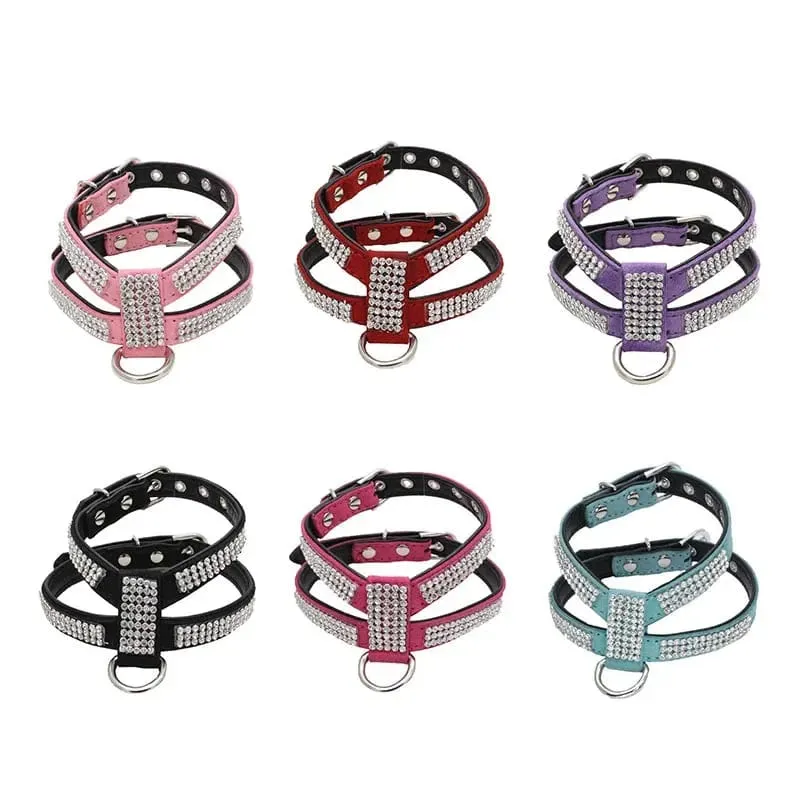 Hundehalsband Haustier Brustgurt Verstellbare Haustierprodukte Halskette Hundegeschirr Leine Schnellverschluss Bling K-förmiger Strass PU-Leder