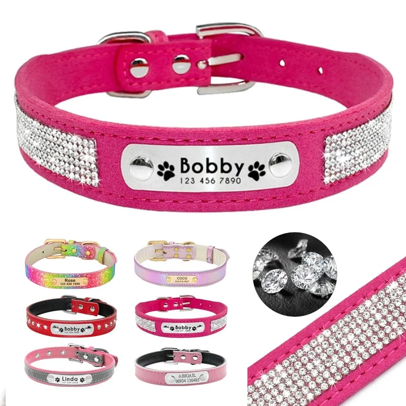 Personalisiertes Hunde-/Katzenhalsband, verstellbar, Katzenhalsbänder mit Kristallen, Anti-Verlust-Leder, Welpen-/Katzenhalskette, Fliege, Strass-Accessoires