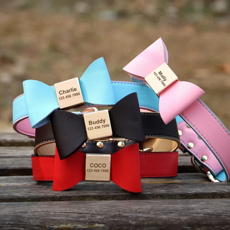 Personalisiertes Hunde-/Katzenhalsband, verstellbar, Katzenhalsbänder mit Kristallen, Anti-Verlust-Leder, Welpen-/Katzenhalskette, Fliege, Strass-Accessoires