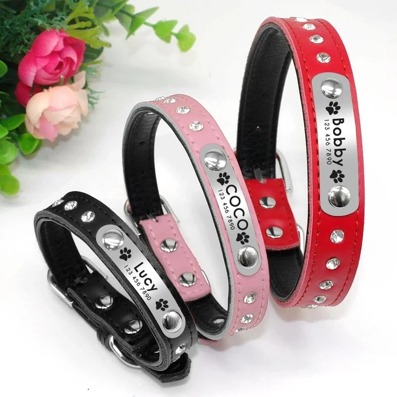 Personalisiertes Hunde-/Katzenhalsband, verstellbar, Katzenhalsbänder mit Kristallen, Anti-Verlust-Leder, Welpen-/Katzenhalskette, Fliege, Strass-Accessoires