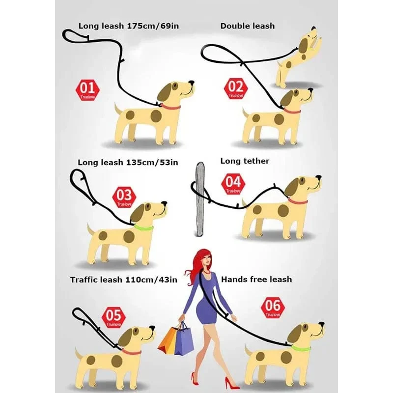 Truelove 7-in-1 Multifunktions-Hundeleine, verstellbar, freihändige Trainingsleine für Haustiere, reflektierende Mehrzweck-Hundeleine, Spaziergang mit 2 Hunden