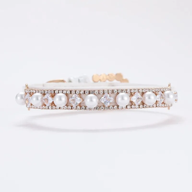 Perlenhalsbänder für Hunde und Katzen mit Kristall-Strass, Perlen-Katzenhalskette, verstellbares Halsband aus PU-Leder für kleine Hunde, Katzenzubehör