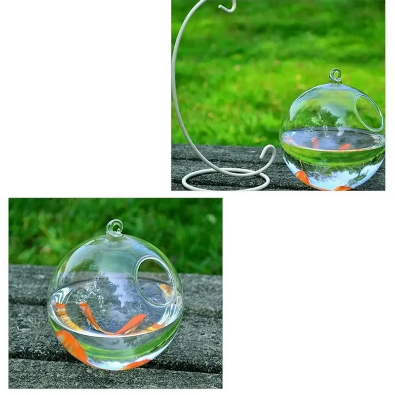 Runde/rechteckige Form, hängendes Glasaquarium, Fischbehälter, transparente Vase, Ornament mit Regalhalter, Heimdekoration