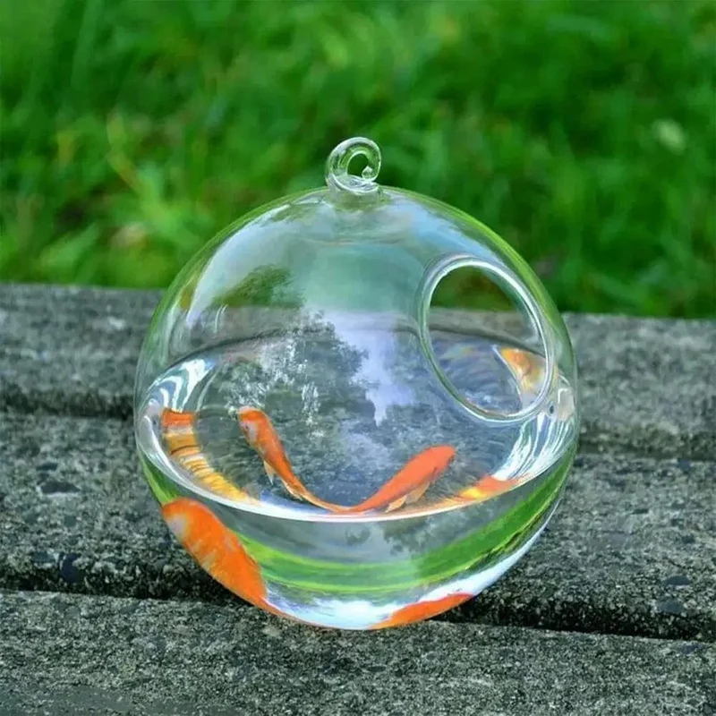 Runde/rechteckige Form, hängendes Glasaquarium, Fischbehälter, transparente Vase, Ornament mit Regalhalter, Heimdekoration