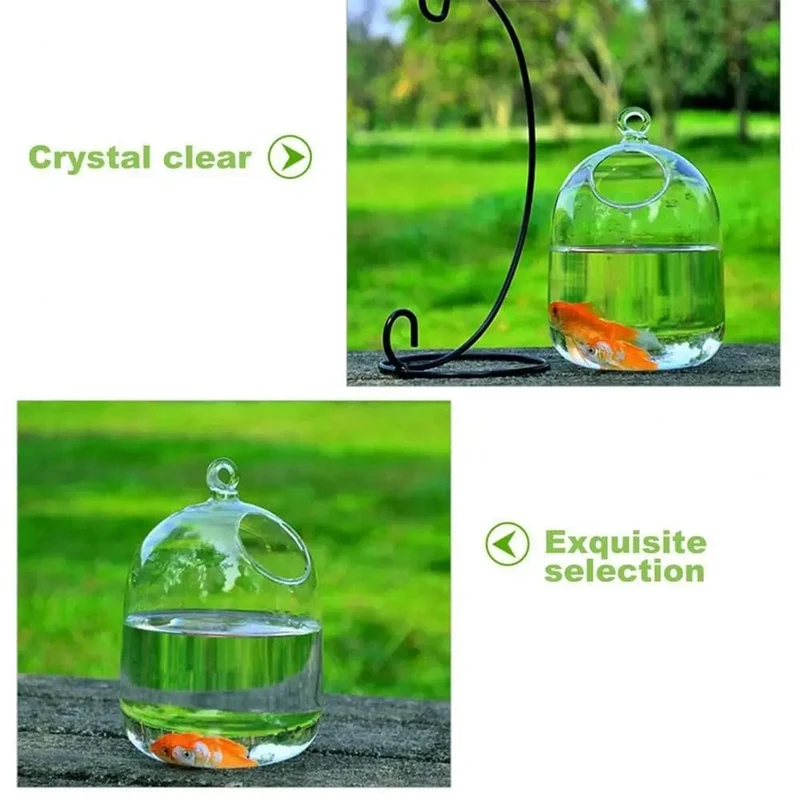 Runde/rechteckige Form, hängendes Glasaquarium, Fischbehälter, transparente Vase, Ornament mit Regalhalter, Heimdekoration