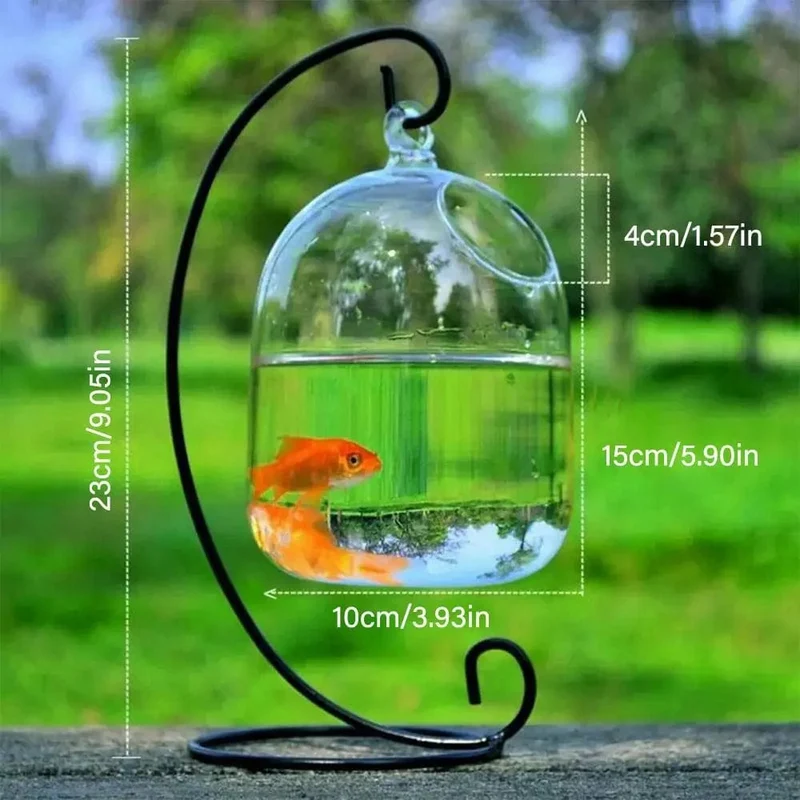 Runde/rechteckige Form, hängendes Glasaquarium, Fischbehälter, transparente Vase, Ornament mit Regalhalter, Heimdekoration