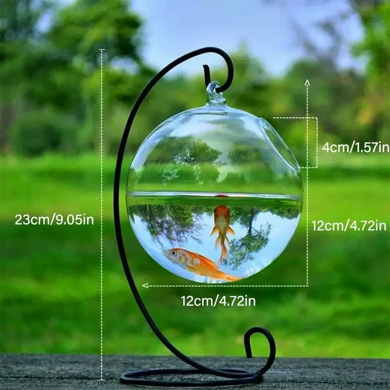 Runde/rechteckige Form, hängendes Glasaquarium, Fischbehälter, transparente Vase, Ornament mit Regalhalter, Heimdekoration