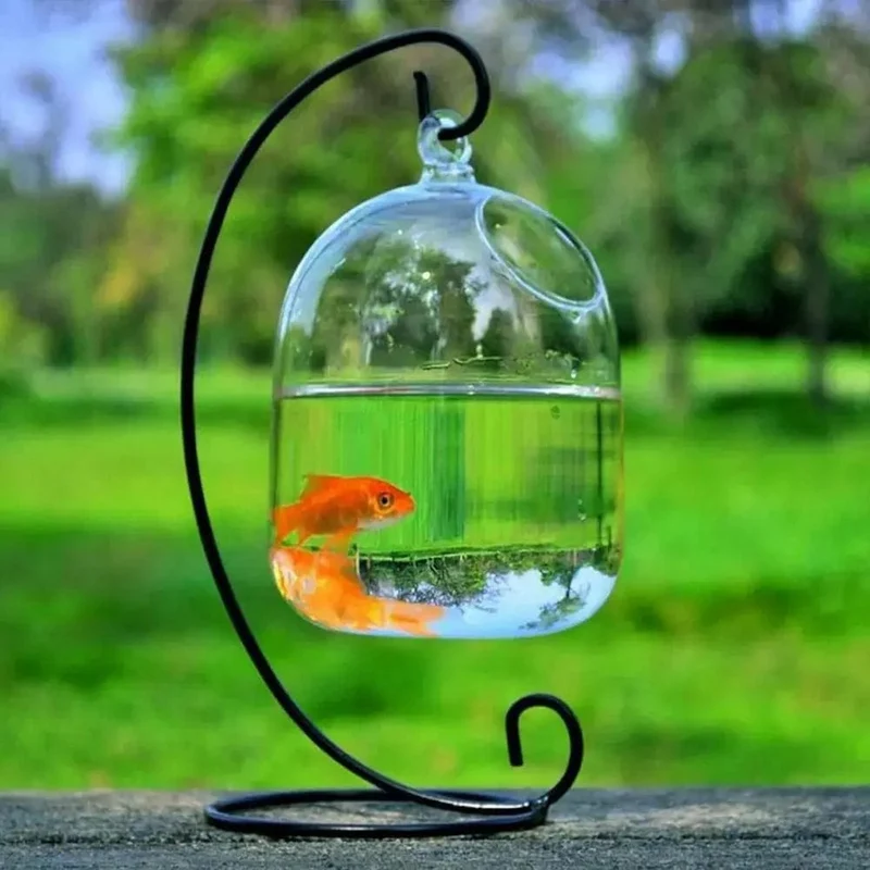 Runde/rechteckige Form, hängendes Glasaquarium, Fischbehälter, transparente Vase, Ornament mit Regalhalter, Heimdekoration
