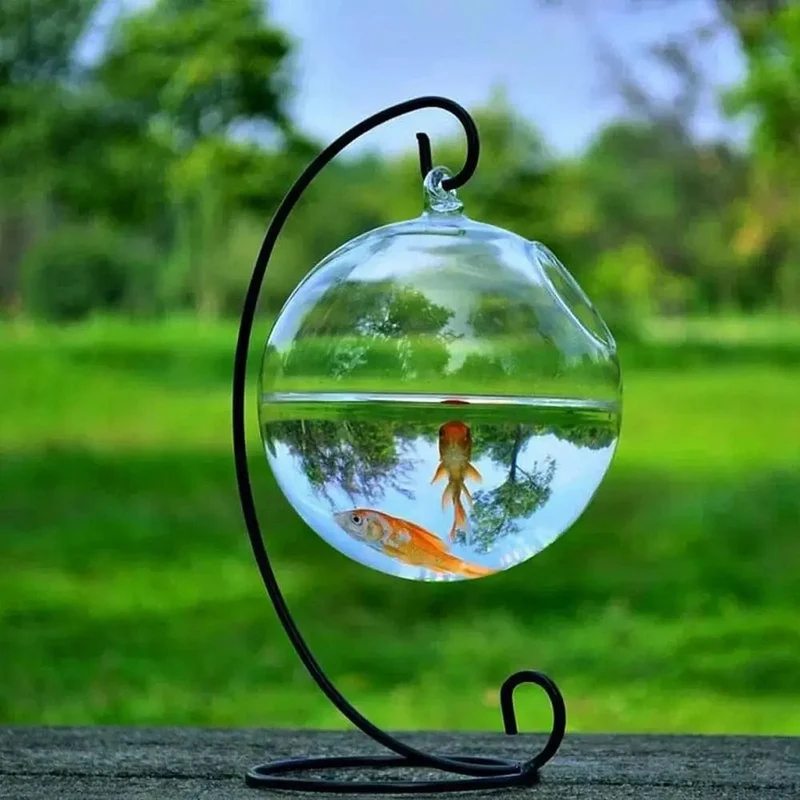 Runde/rechteckige Form, hängendes Glasaquarium, Fischbehälter, transparente Vase, Ornament mit Regalhalter, Heimdekoration