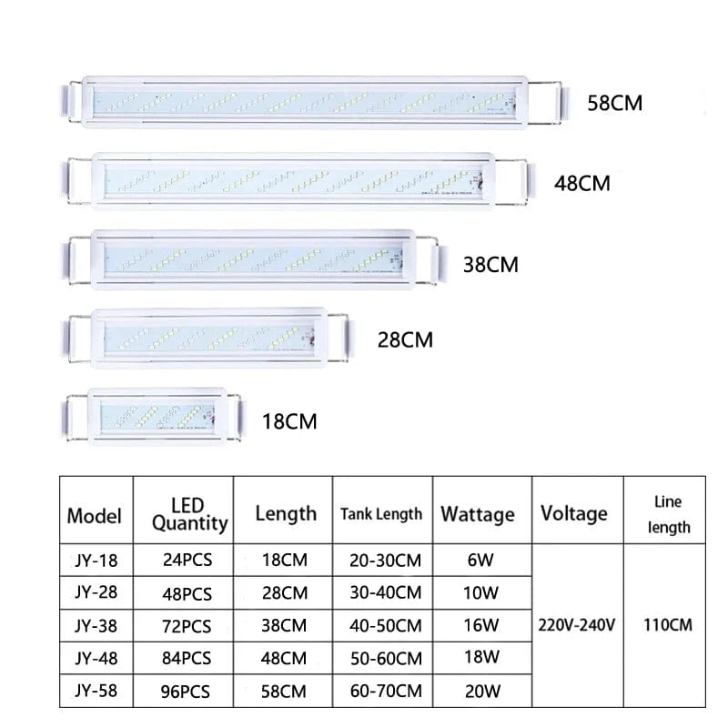 WRGB Neue 6-reihige, superschlanke LED-Aquariumbeleuchtung, Wasserpflanzenlicht, 18–48 cm, erweiterbare, dimmbare Clip-on-Lampe für Aquarien, EU
