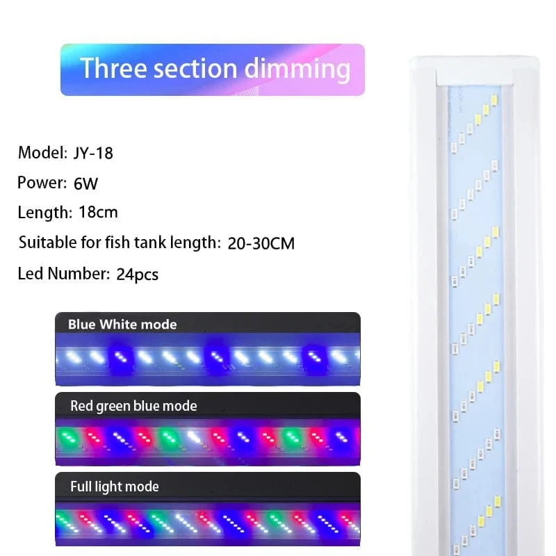 WRGB Neue 6-reihige, superschlanke LED-Aquariumbeleuchtung, Wasserpflanzenlicht, 18–48 cm, erweiterbare, dimmbare Clip-on-Lampe für Aquarien, EU