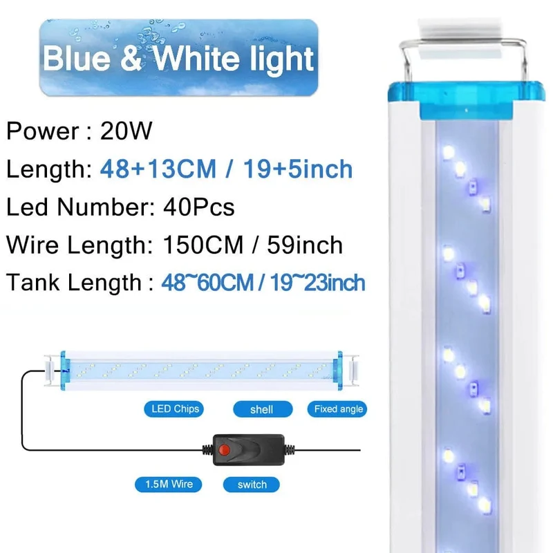 Aquarium-LED-Licht, superschlank, für Aquarien, Wasserpflanzen, Wachstumsbeleuchtung, wasserdicht, hell, Clip-Lampe, blaue LED, 18–58 cm für Aquarien