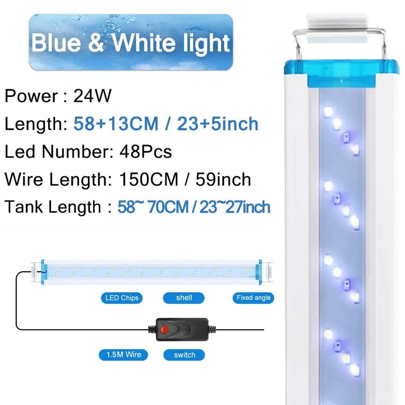 Aquarium-LED-Licht, superschlank, für Aquarien, Wasserpflanzen, Wachstumsbeleuchtung, wasserdicht, hell, Clip-Lampe, blaue LED, 18–58 cm für Aquarien