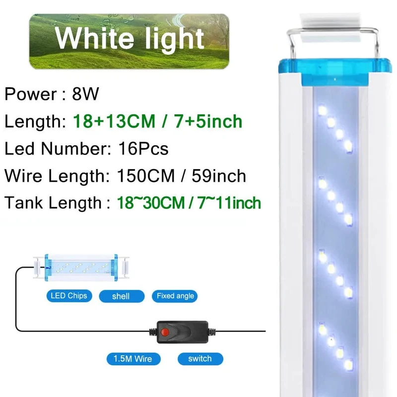 Aquarium-LED-Licht, superschlank, für Aquarien, Wasserpflanzen, Wachstumsbeleuchtung, wasserdicht, hell, Clip-Lampe, blaue LED, 18–58 cm für Aquarien