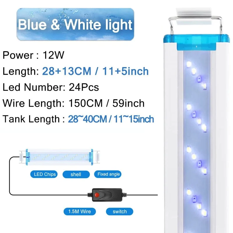 Aquarium-LED-Licht, superschlank, für Aquarien, Wasserpflanzen, Wachstumsbeleuchtung, wasserdicht, hell, Clip-Lampe, blaue LED, 18–58 cm für Aquarien
