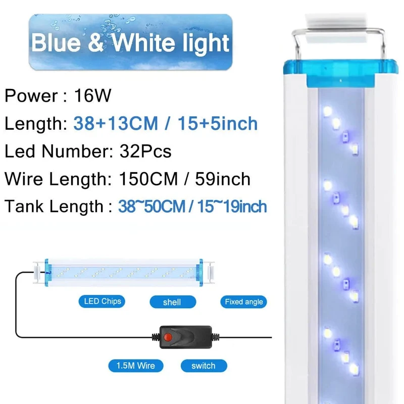 Aquarium-LED-Licht, superschlank, für Aquarien, Wasserpflanzen, Wachstumsbeleuchtung, wasserdicht, hell, Clip-Lampe, blaue LED, 18–58 cm für Aquarien