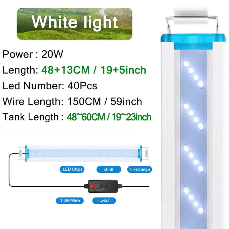 Aquarium-LED-Licht, superschlank, für Aquarien, Wasserpflanzen, Wachstumsbeleuchtung, wasserdicht, hell, Clip-Lampe, blaue LED, 18–58 cm für Aquarien