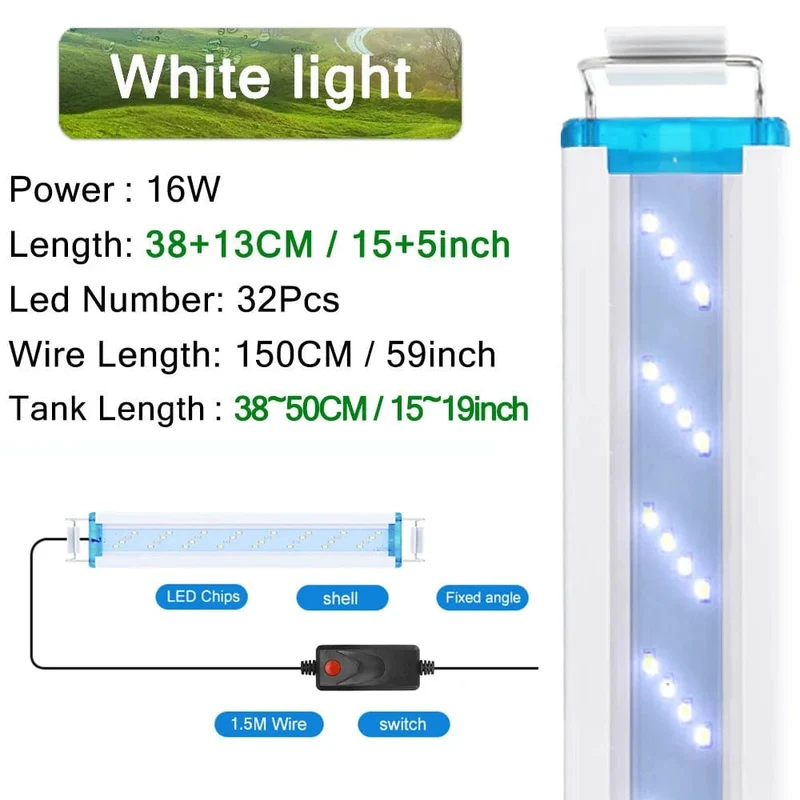 Aquarium-LED-Licht, superschlank, für Aquarien, Wasserpflanzen, Wachstumsbeleuchtung, wasserdicht, hell, Clip-Lampe, blaue LED, 18–58 cm für Aquarien