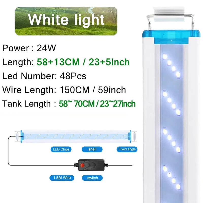 Aquarium-LED-Licht, superschlank, für Aquarien, Wasserpflanzen, Wachstumsbeleuchtung, wasserdicht, hell, Clip-Lampe, blaue LED, 18–58 cm für Aquarien