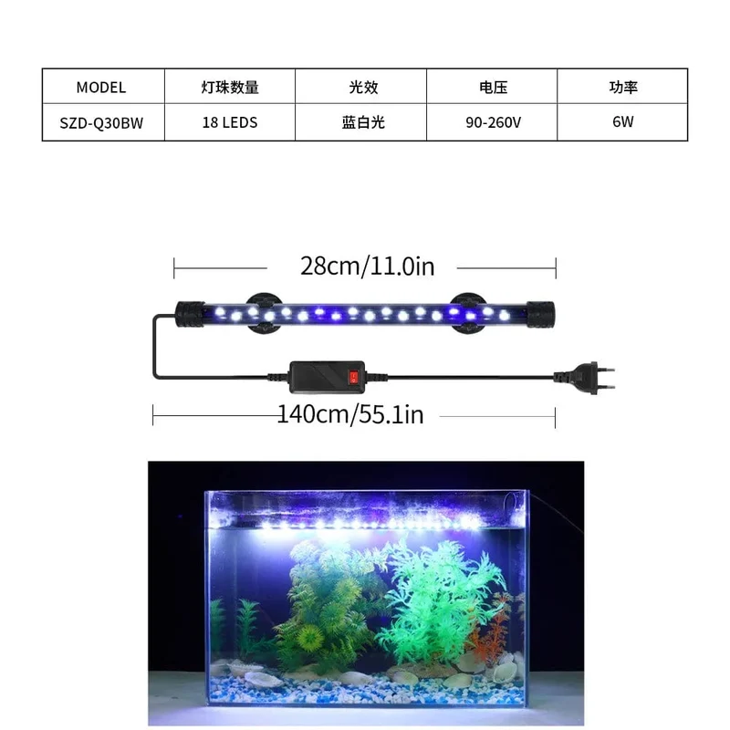Aquarium Licht LED Pflanze Wachsen Lampe Wasserdicht Aquarium Licht 18-58CM Unterwasser Aquarien Dekor Beleuchtung 90-260V 5730chip