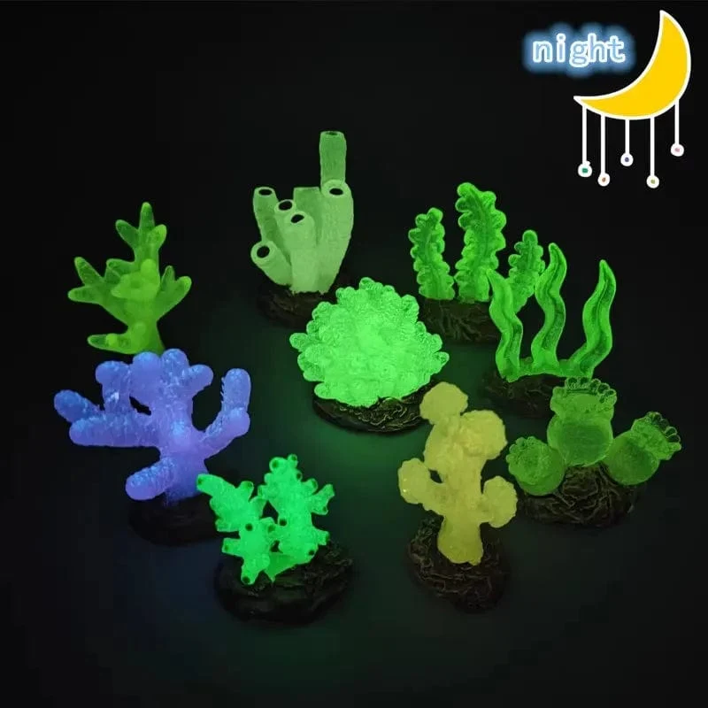 9 Stücke Miniaturen Leuchtendes Aquarium Aquarium Simulierte Korallen Dekoration Fische Schalen Harz Pflanzen Ornamente Figuren Zubehör